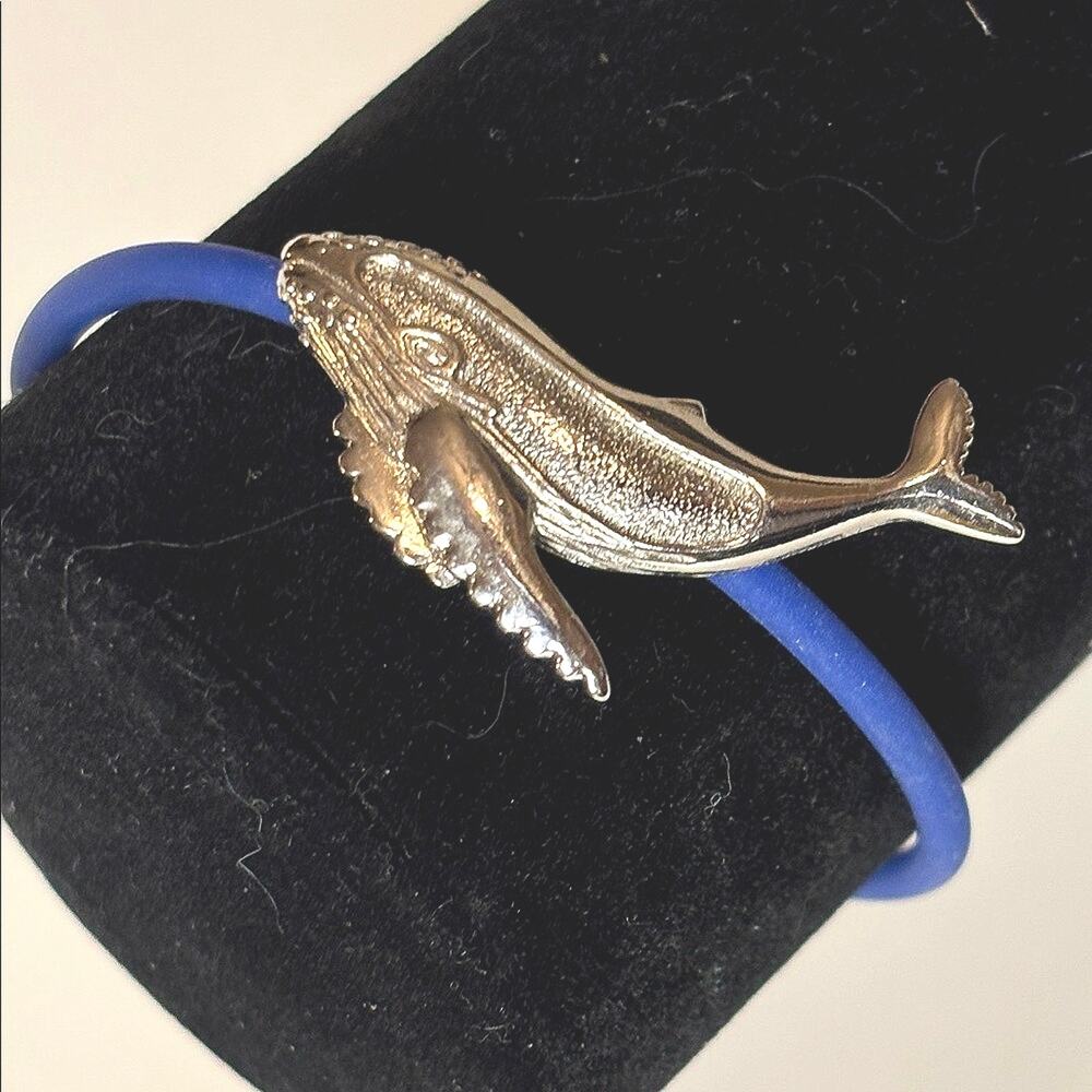 Silver Tone Whale Bracelet Blue Rubber Cord Nautical Jewelry